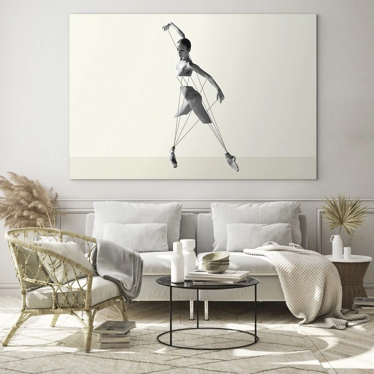 Quadro su vetro - Silhouette in bianco e nero di una ballerina con motivo a linee geometriche - 100x70cm - Nel teatro del mondo - Decorazione murale moderna per soggiorno e camera da letto ARTTOR