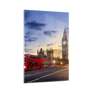 Quadro su vetro - Un autobus rosso con il Big Ben e il Parlamento sullo sfondo al tramonto. - 80x120cm - Segni particolari - Decorazione murale moderna per soggiorno e camera da letto ARTTOR