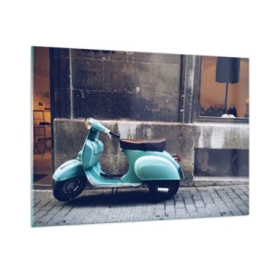 Quadro su vetro - Uno scooter blu contro il muro di un edificio - 100x70cm - Atmosfera indimenticabile - Decorazione murale moderna per soggiorno e camera da letto ARTTOR