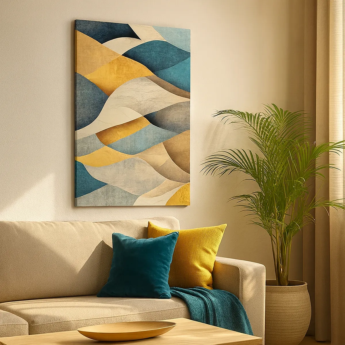 Quadro su tela - Stampe su Tela - Onde astratte nei toni del blu e dell'oro - 50x70cm - Ritmo e ondulazioni - Decorazione murale moderna per soggiorno e camera da letto ARTTOR