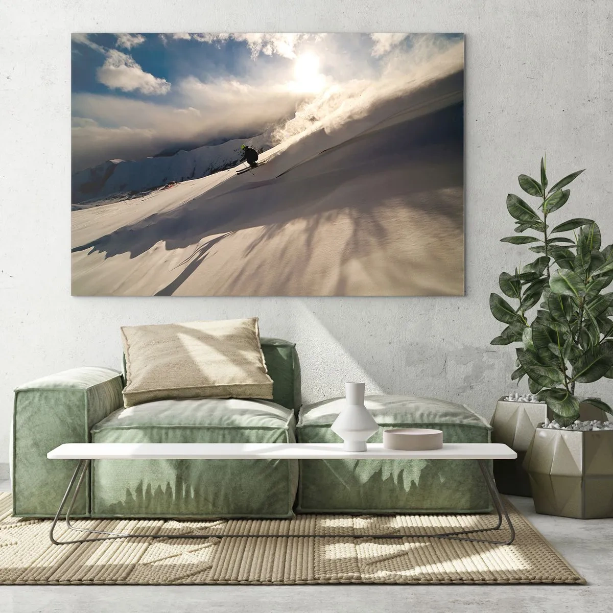Quadro su vetro - Uno sciatore che scivola lungo un pendio alla luce del sole invernale - 100x70cm - Sfida dei monti accettata - Decorazione murale moderna per soggiorno e camera da letto ARTTOR