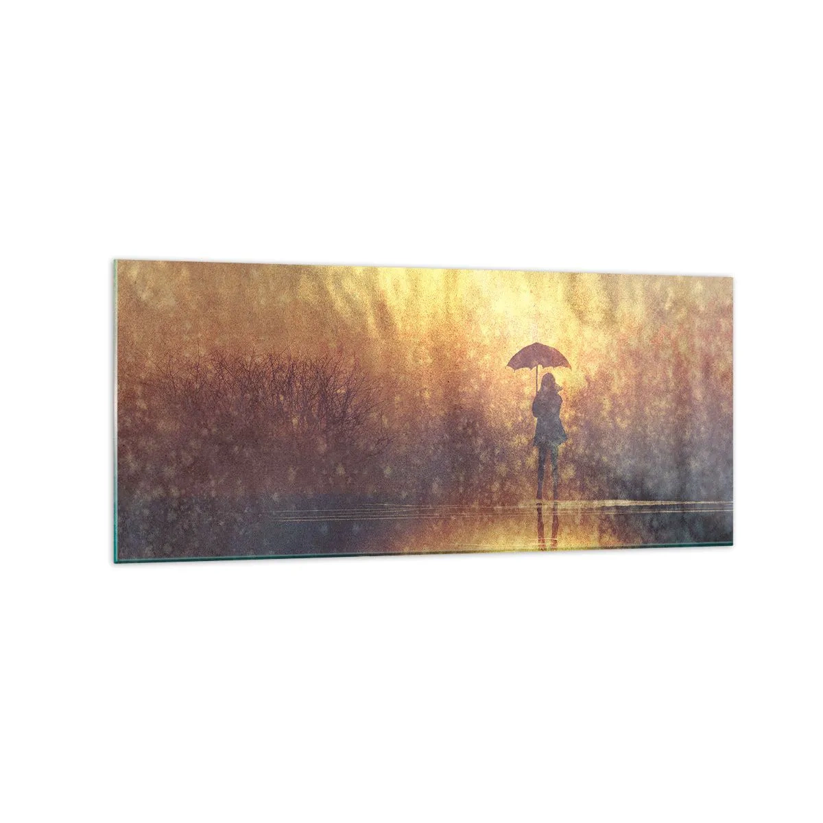 Quadro su vetro - Una figura con un ombrello in un paesaggio nebbioso pieno di riflessi - 120x50cm - Sento che qualcuno mi guarda - Decorazione murale moderna per soggiorno e camera da letto ARTTOR