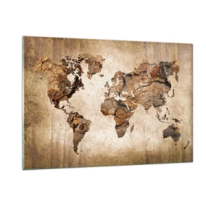 Quadro su vetro - Una mappa del mondo in tonalità marroni che imitano il legno - 120x80cm - Alla scoperta del mondo - Decorazione murale moderna per soggiorno e camera da letto ARTTOR