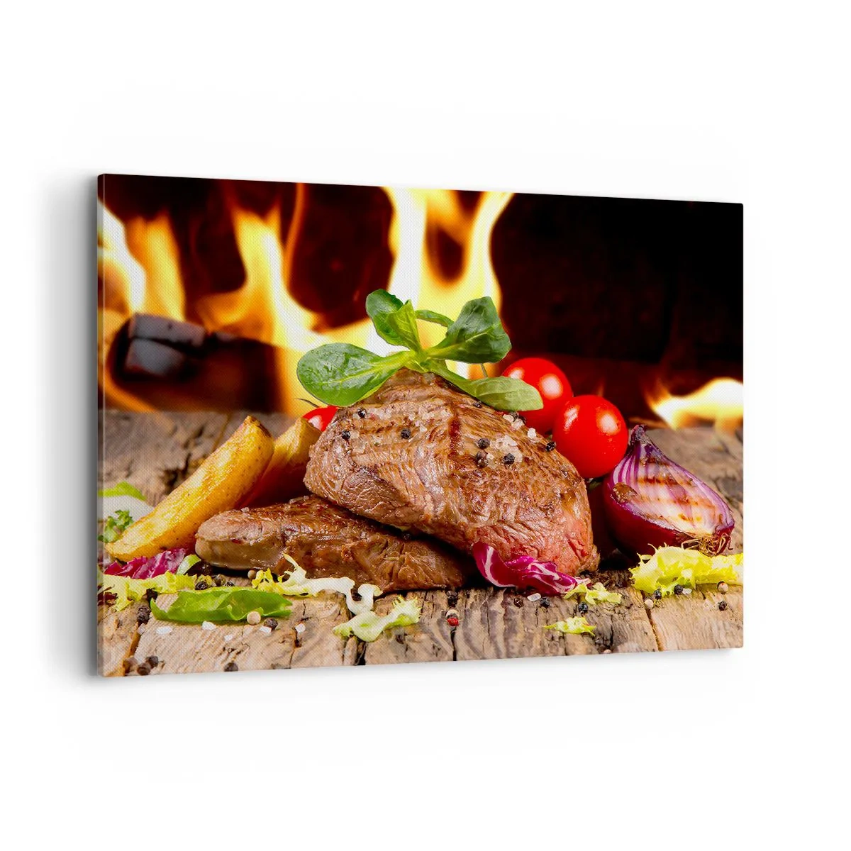 Quadro su tela - Stampe su Tela - Bistecca alla griglia con contorni sullo sfondo delle fiamme - 100x70cm - Incantate dal fuoco - Decorazione murale moderna per soggiorno e camera da letto ARTTOR