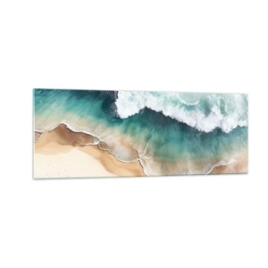 Quadro su vetro - Vista della spiaggia e delle onde del mare nelle tonalità del turchese - 140x50cm - L'eterno incontro - Decorazione murale moderna per soggiorno e camera da letto ARTTOR