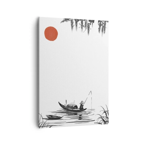 Quadro su tela - Stampe su Tela - Paesaggio orientale con un pescatore su una barca e un sole rosso - 50x70cm - Pomeriggio asiatico - Decorazione murale moderna per soggiorno e camera da letto ARTTOR