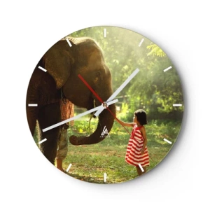 Orologio da parete - Orologio in Vetro - Una ragazza con un vestito rosso tocca la proboscide di un elefante nella foresta. - 30x30cm - La forza dell'amicizia - Decorazione murale moderna per soggiorno, cucina e camera da letto ARTTOR