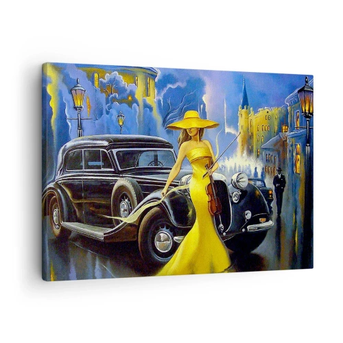 Quadro su tela - Stampe su Tela - Una donna con un vestito giallo e un violino accanto a un'auto d'epoca. - 70x50cm - Notturno per violino e amore - Decorazione murale moderna per soggiorno e camera da letto ARTTOR