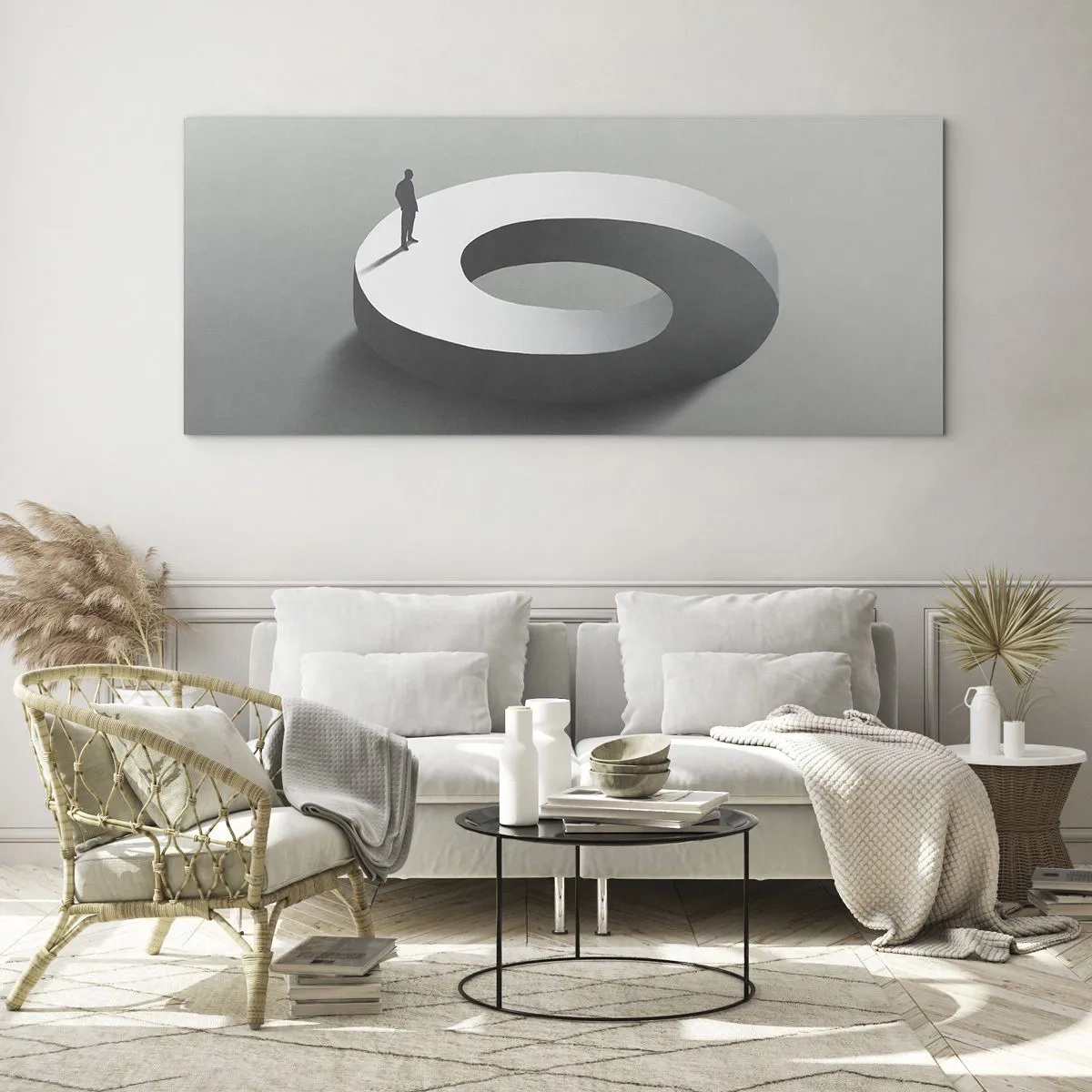 Quadro su vetro - Un uomo su una struttura grigia e astratta - 120x50cm - Prova a cavartela - Decorazione murale moderna per soggiorno e camera da letto ARTTOR