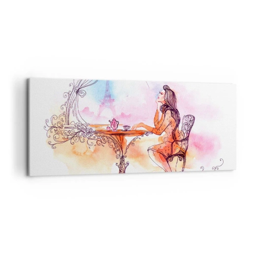 Quadro su tela - Stampe su Tela - Acquerello romantico di una donna in un caffè con vista su una torre - 120x50cm - Chic parigino - Decorazione murale moderna per soggiorno e camera da letto ARTTOR