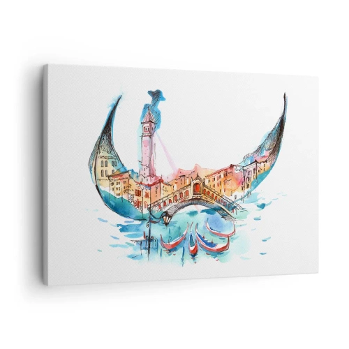 Quadro su tela - Stampe su Tela - Una composizione ad acquerello di Venezia a forma di gondola - 70x50cm - Navighiamo dentro la città - Decorazione murale moderna per soggiorno e camera da letto ARTTOR