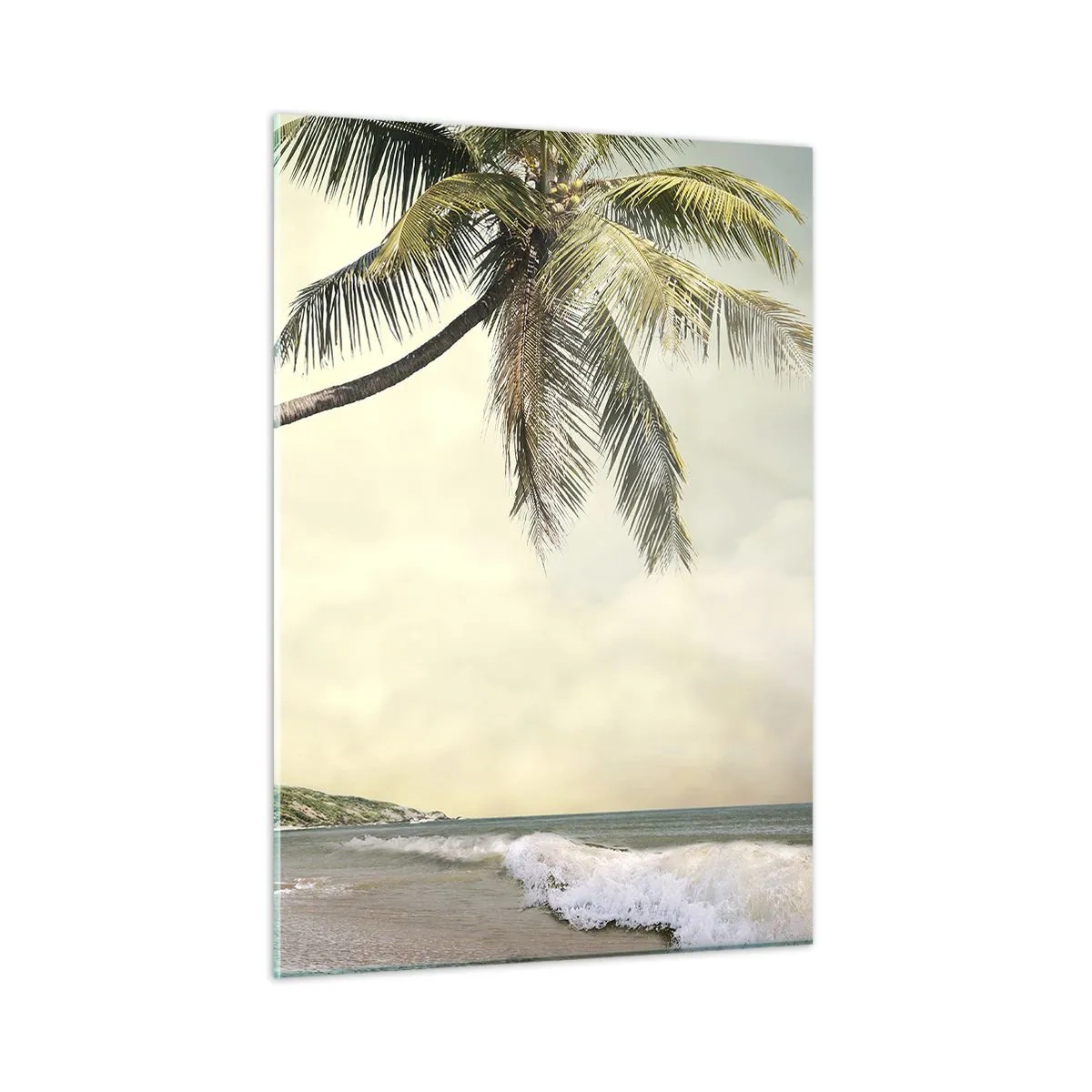 Quadro su vetro - Spiaggia tropicale con palme e onde - 50x70cm - Sogno tropicale - Decorazione murale moderna per soggiorno e camera da letto ARTTOR