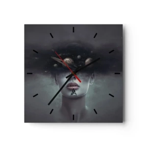 Orologio da parete - Orologio in Vetro - Volto di donna con un pianeta e un motivo spaziale sullo sfondo - 30x30cm - E i pianeti folleggiano... - Decorazione murale moderna per soggiorno e camera da letto ARTTOR