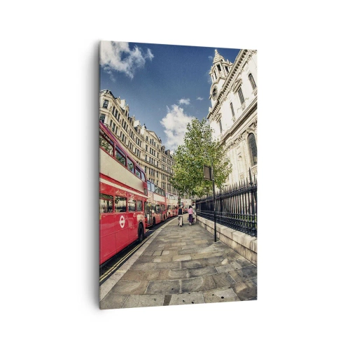 Quadro su tela - Stampe su Tela - Autobus rosso a due piani a Londra vicino alla strada e alla cattedrale - 80x120cm - Via di Londra in grigio e rosso - Decorazione murale moderna per soggiorno e camera da letto ARTTOR