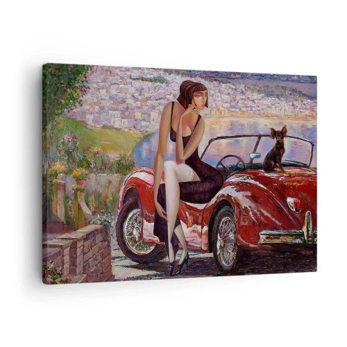 Quadro su tela - Stampe su Tela - Una donna vicino a un'auto rossa con una città sullo sfondo - 70x50cm - Estate? Solo sulla Riviera - Decorazione murale moderna per soggiorno e camera da letto ARTTOR