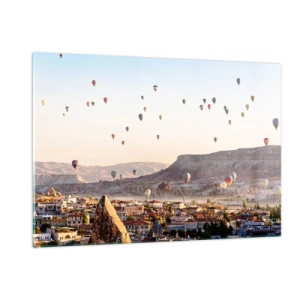 Quadro su vetro - Volo in mongolfiera sopra la Cappadocia alla luce del mattino - 120x80cm - Come navi nel cielo - Decorazione murale moderna per soggiorno e camera da letto ARTTOR