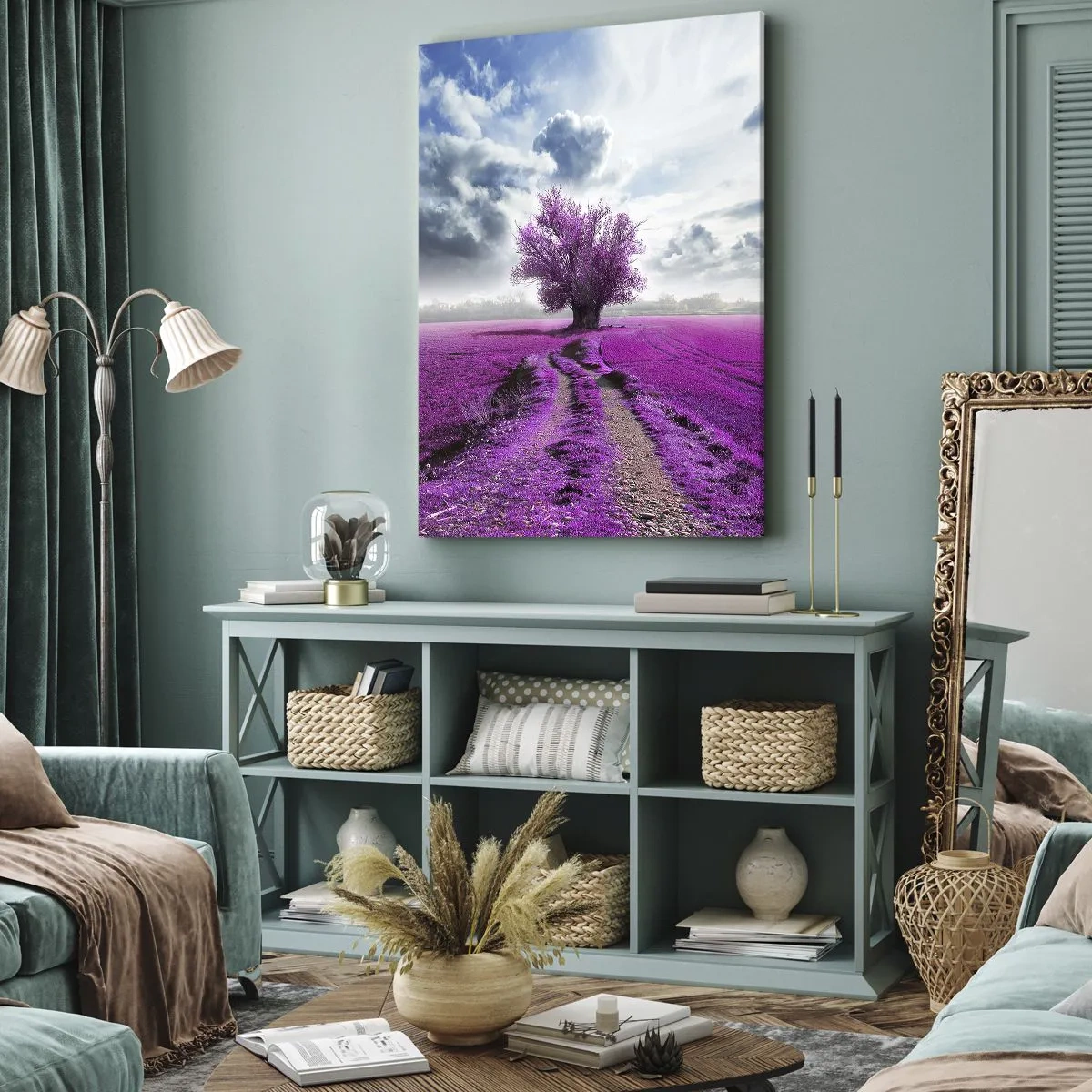 Quadro su tela - Stampe su Tela - Un albero solitario in un campo in una tonalità di rosa intenso - 70x100cm - Brughiera selvatica - Decorazione murale moderna per soggiorno e camera da letto ARTTOR