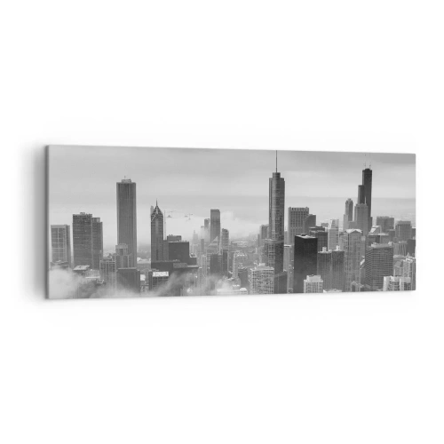 Quadro su tela - Stampe su Tela - Panorama della città con grattacieli tra le nuvole in bianco e nero - 140x50cm - Paesaggio americano - Decorazione murale moderna per soggiorno e camera da letto ARTTOR