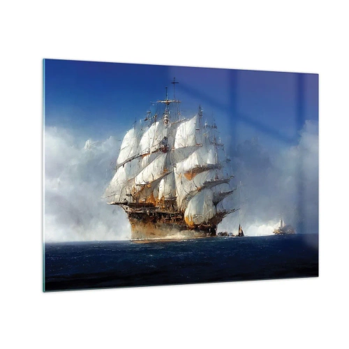 Quadro su vetro - Una nave a vela in alto mare in mezzo alla nebbia marina - 70x50cm - The great glory! - Decorazione murale moderna per soggiorno e camera da letto ARTTOR