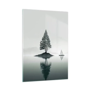 Quadro su vetro - Un albero solitario su un'isola e una barca a vela su un lago calmo - 50x70cm - Paesaggio onirico - Decorazione murale moderna per soggiorno e camera da letto ARTTOR