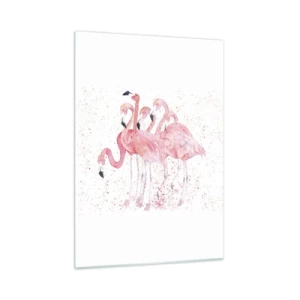 Quadro su vetro - Fenicotteri acquerellati su uno sfondo chiaro con punti delicati - 50x70cm - Gruppo in rosa - Decorazione murale moderna per soggiorno e camera da letto ARTTOR