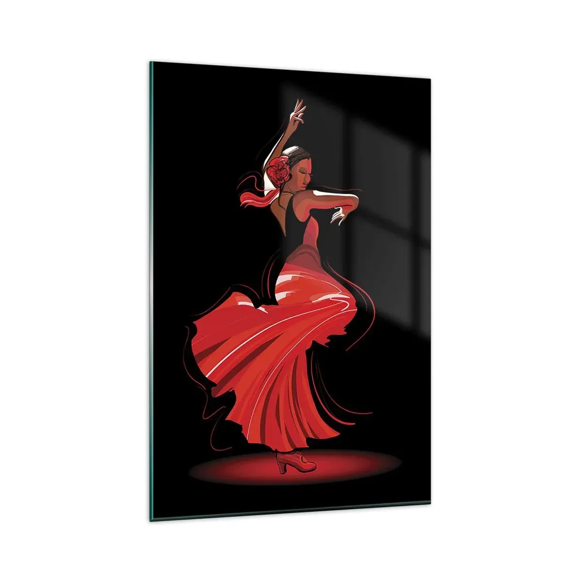 Quadro su vetro - Ballerina di flamenco in abito rosso su sfondo nero - 80x120cm - Lo spirito focoso del flamenco - Decorazione murale moderna per soggiorno e camera da letto ARTTOR