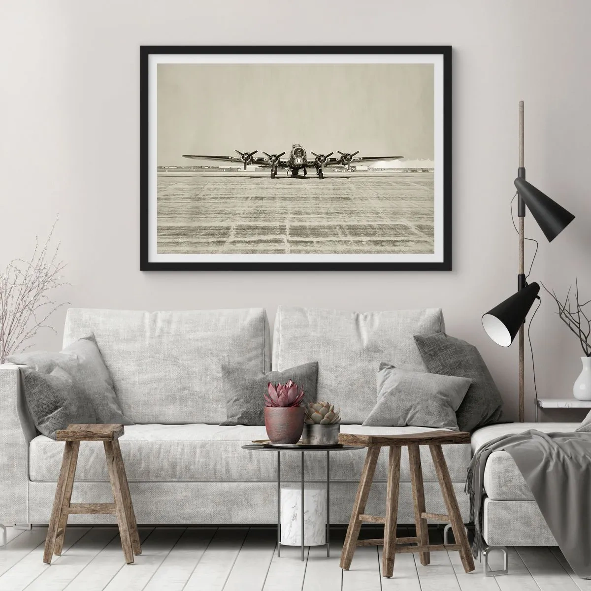 Poster in cornice nera - Aereo storico all'aeroporto in seppia - 70x50cm - Pronto come sempre - Decorazione murale moderna per soggiorno e camera da letto ARTTOR