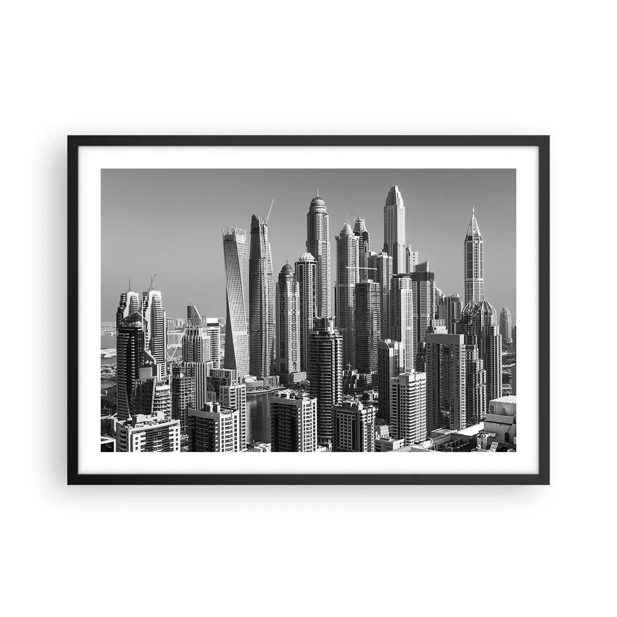 Poster in cornice nera - Panorama di grattacieli moderni in toni monocromatici - 70x50cm - La città sul deserto - Decorazione murale moderna per soggiorno e camera da letto ARTTOR