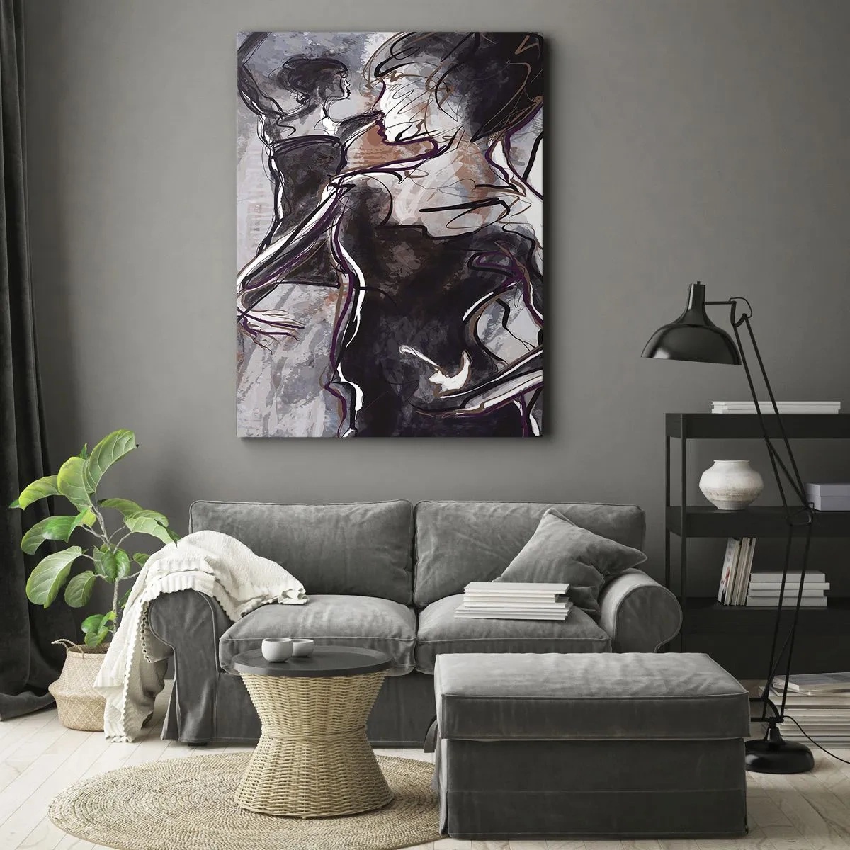 Quadro su tela - Stampe su Tela - Scena jazz astratta con un sassofonista e una donna che balla. - 50x70cm - Sciogliersi nella musica - Decorazione murale moderna per soggiorno e camera da letto ARTTOR