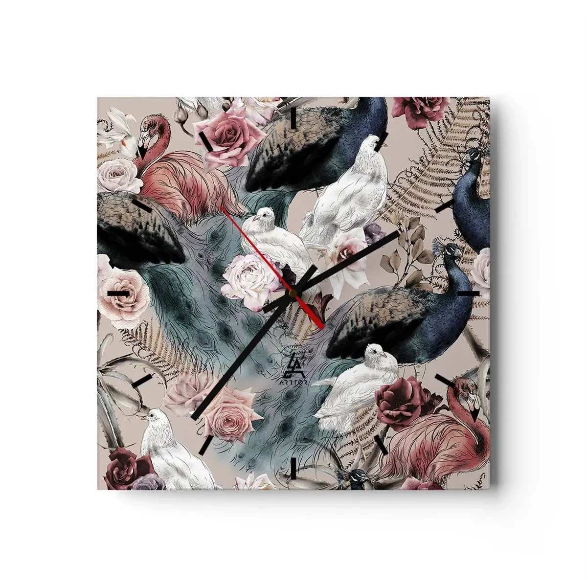 Orologio da parete - Orologio in Vetro - Un paesaggio con piume di pavone, rose e uccelli in stile romantico. - 30x30cm - Nel giardino del palazzo - Decorazione murale moderna per soggiorno e camera da letto ARTTOR