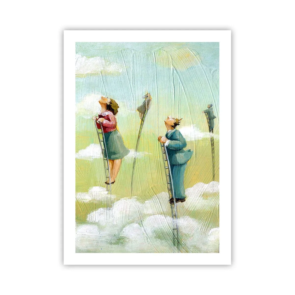 Poster - Personaggi che salgono scale tra le nuvole - 50x70cm - Seguendo i propri sogni - Decorazione murale moderna per soggiorno e camera da letto ARTTOR
