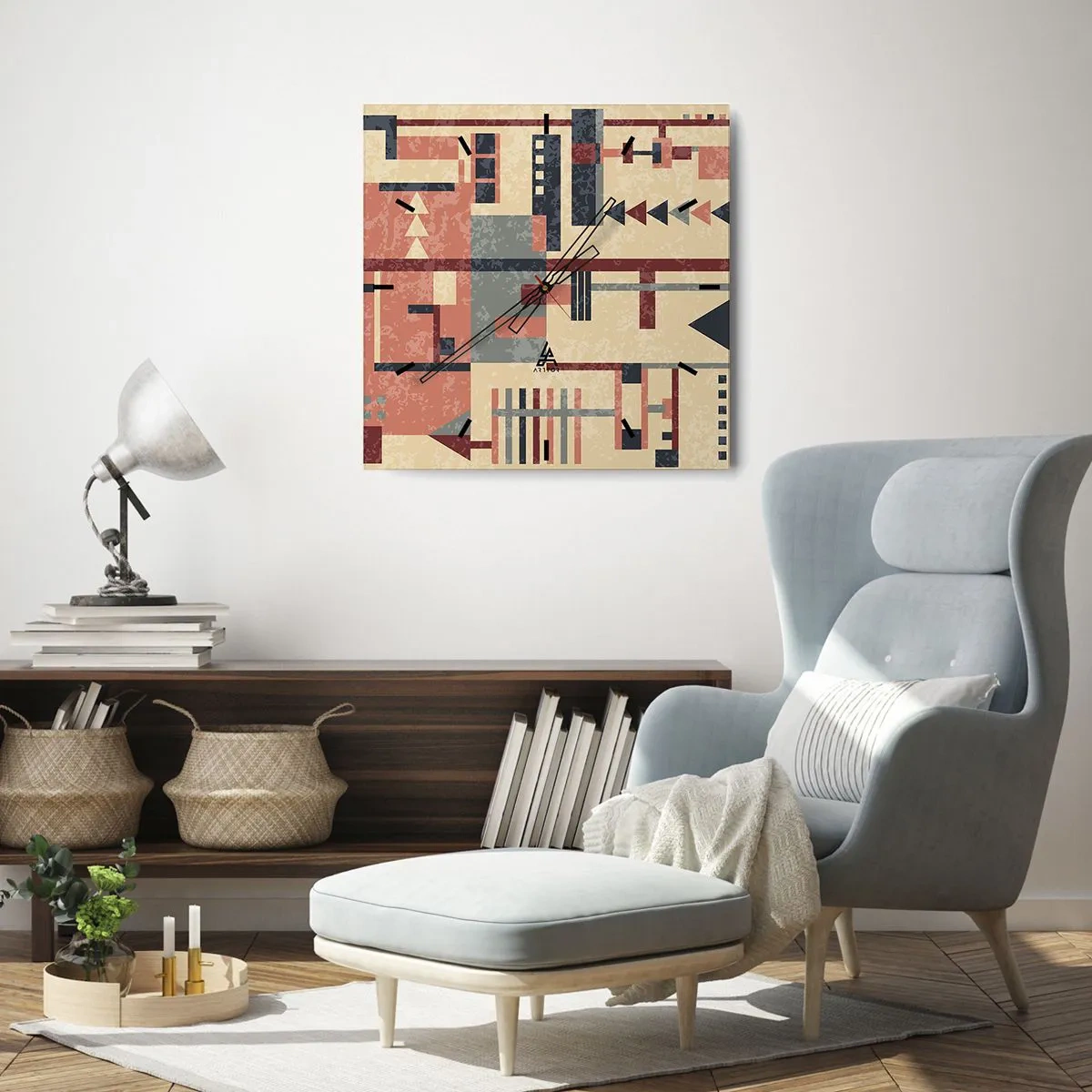 Orologio da parete - Orologio in Vetro - Motivo geometrico nei toni pastello del beige, rosso e grigio - 30x30cm - Combinazione di orizzontali e verticali - Decorazione murale moderna per soggiorno e camera da letto ARTTOR