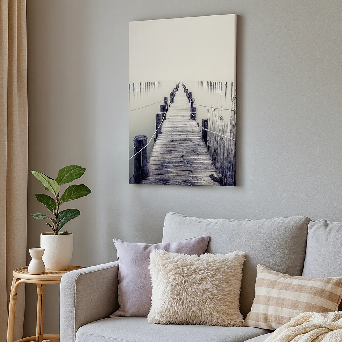 Quadro su tela - Stampe su Tela - Un ponte di legno che conduce in uno spazio nebbioso - 50x70cm - Immergiti nella pace - Decorazione murale moderna per soggiorno e camera da letto ARTTOR