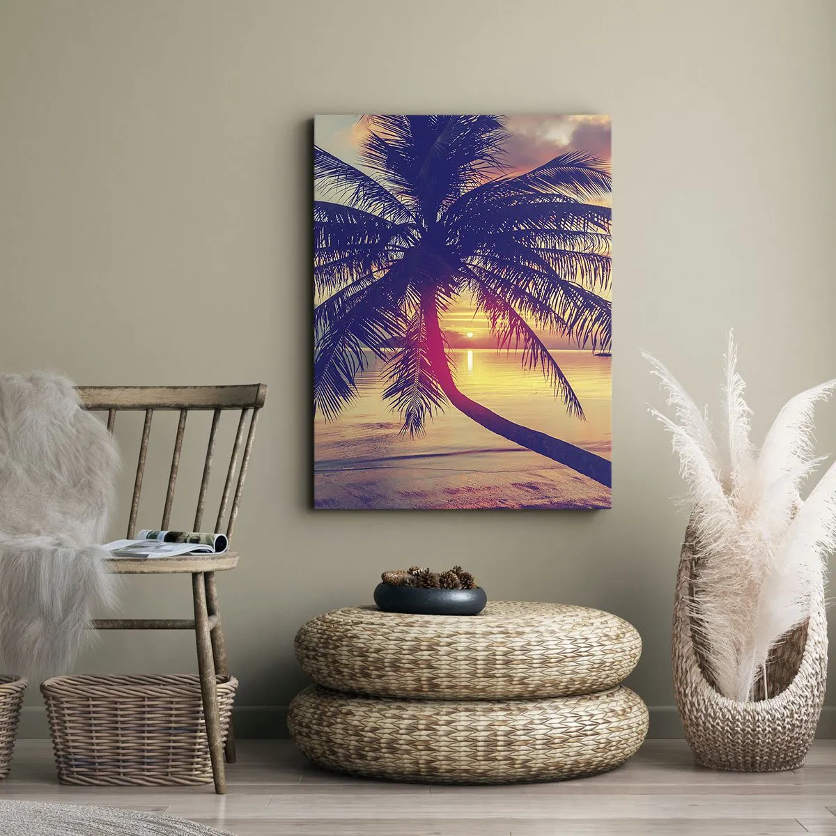 Quadro su tela - Stampe su Tela - Tramonto con una palma su una riva tranquilla - 50x70cm - Sera sotto le palme - Decorazione murale moderna per soggiorno e camera da letto ARTTOR