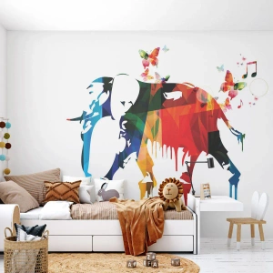 Fotomurali Premium Sand - Elefante colorato in forma astratta con farfalle - 100x70cm - Ognuno può ballare - Decorazione murale moderna per soggiorno e camera da letto ARTTOR