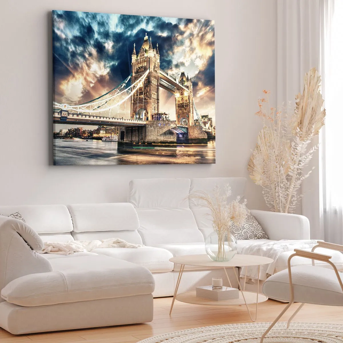 Quadro su tela - Stampe su Tela - Tower Bridge al tramonto contro un cielo dinamico - 100x70cm - Il monumento dell'impero britannico - Decorazione murale moderna per soggiorno e camera da letto ARTTOR