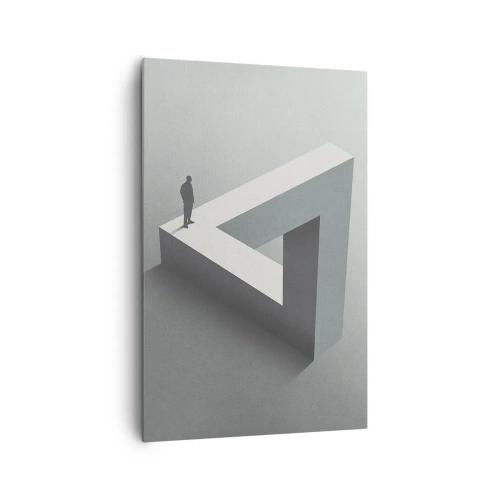 Quadro su tela - Stampe su Tela - Una figura in piedi su un triangolo di Penrose in tonalità di grigio. - 80x120cm - Eppure è possibile - Decorazione murale moderna per soggiorno e camera da letto ARTTOR