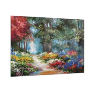 Quadro su vetro - Un giardino forestale colorato con fiori in fiore - 100x70cm - Il giardino del bosco d'aprile - Decorazione murale moderna per soggiorno e camera da letto ARTTOR