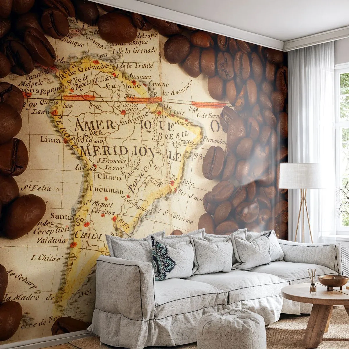 Fotomurali Premium Sand - Una mappa del Sud America circondata da chicchi di caffè - 100x70cm - Da dove viene il miglior caffè? - Decorazione murale moderna per soggiorno e camera da letto ARTTOR