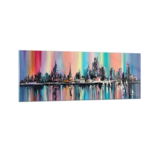 Quadro su vetro - Paesaggio urbano colorato con riflessi sull'acqua - 140x50cm - Fluttuare alle luci della notte - Decorazione murale moderna per soggiorno e camera da letto ARTTOR