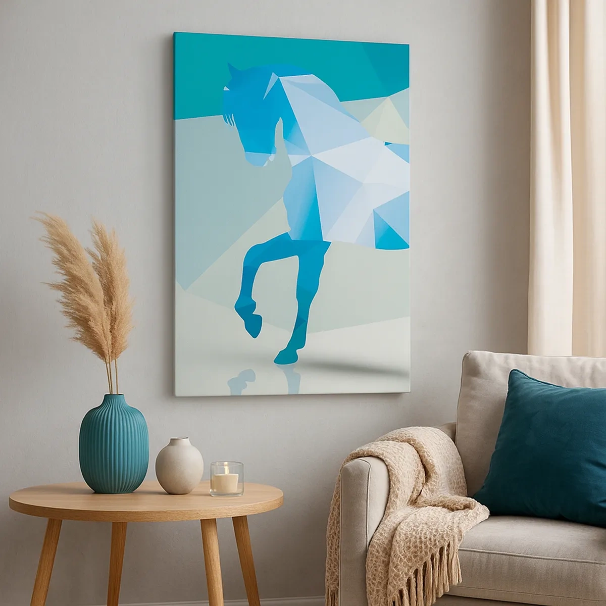 Quadro su tela - Stampe su Tela - Silhouette geometrica di un cavallo nei toni del blu - 50x70cm - Cavallo geometrico nel turchese - Decorazione murale moderna per soggiorno e camera da letto ARTTOR