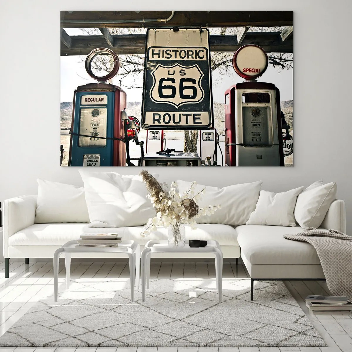 Quadro su vetro - Pompe di benzina d'epoca e cartello della Route 66 - 100x70cm - Viaggio retro americano - Decorazione murale moderna per soggiorno e camera da letto ARTTOR