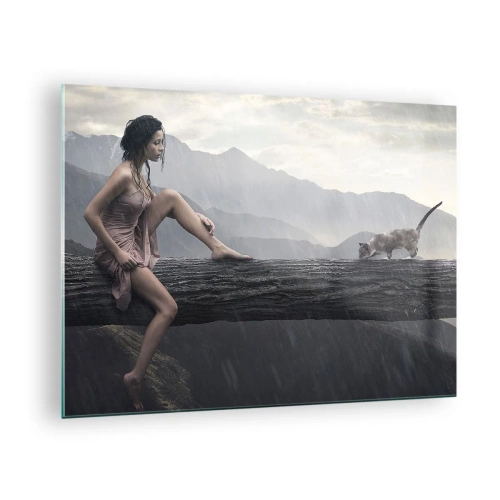 Quadro su vetro - Una donna e un gatto su un tronco di legno in un paesaggio piovoso - 70x50cm - Cime di bellezza - Decorazione murale moderna per soggiorno e camera da letto ARTTOR