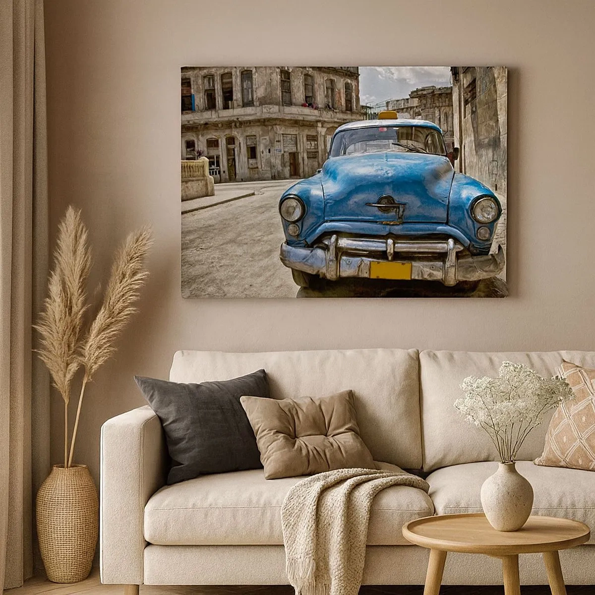 Quadro su tela - Stampe su Tela - Una vecchia macchina blu sulla strada in stile retrò - 70x50cm - Antico è bello - Decorazione murale moderna per soggiorno e camera da letto ARTTOR