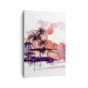 Quadro su tela - Stampe su Tela - Paesaggio tropicale con palme al tramonto in acquerello - 70x100cm - Pace dei tropici in rosso - Decorazione murale moderna per soggiorno e camera da letto ARTTOR