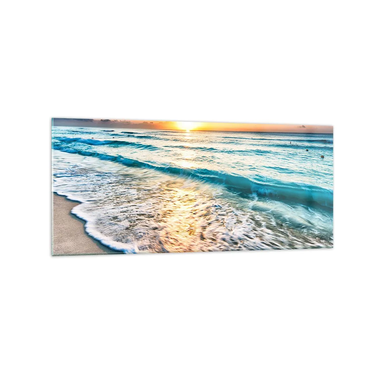 Quadro su vetro - Alba su una spiaggia tranquilla con onde - 120x50cm - Tramonto sul mare - Decorazione murale moderna per soggiorno e camera da letto ARTTOR