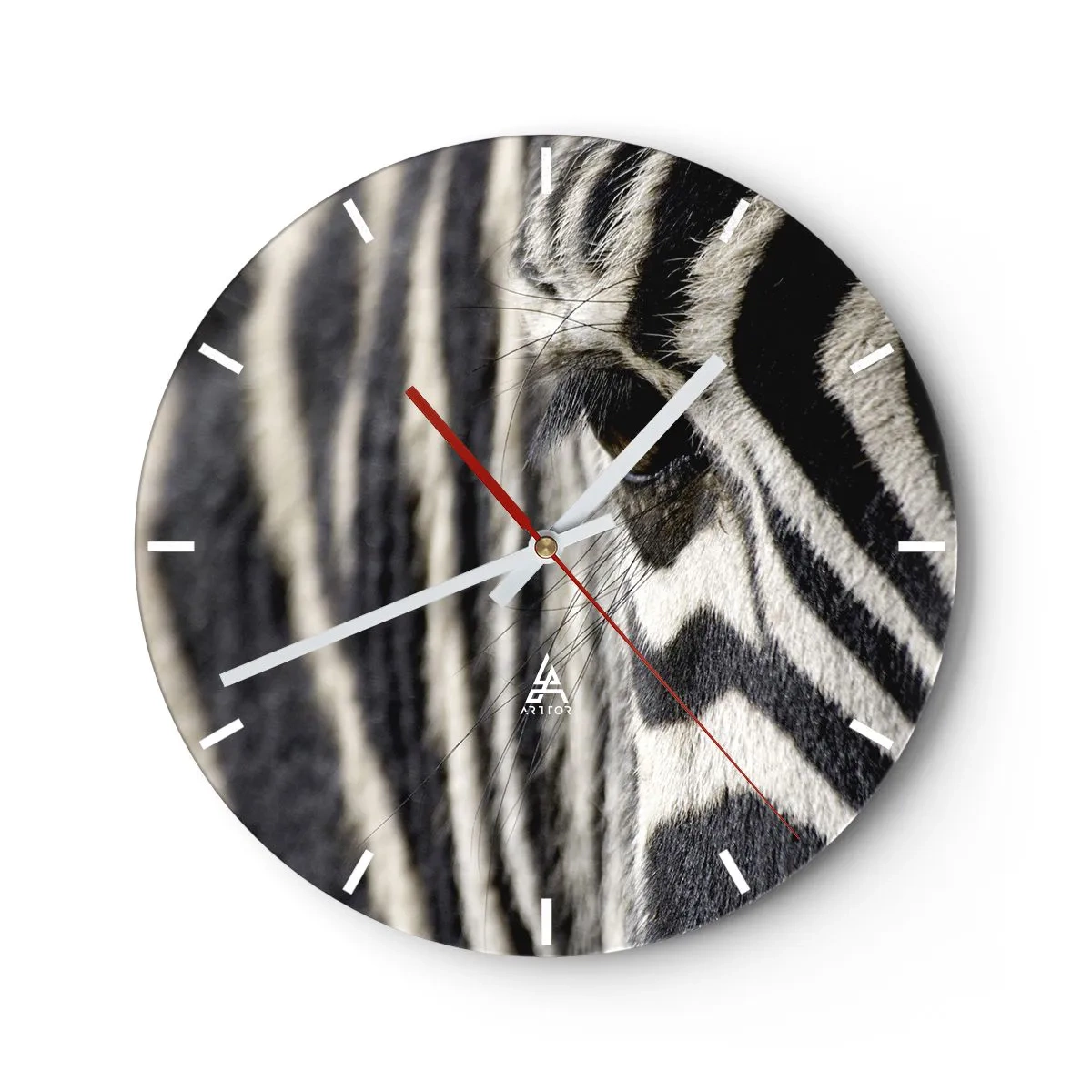 Orologio da parete - Orologio in Vetro - Primo piano dell'occhio di una zebra con strisce bianche e nere - 30x30cm - Ritratto a strisce - Decorazione murale moderna per soggiorno, cucina e camera da letto ARTTOR