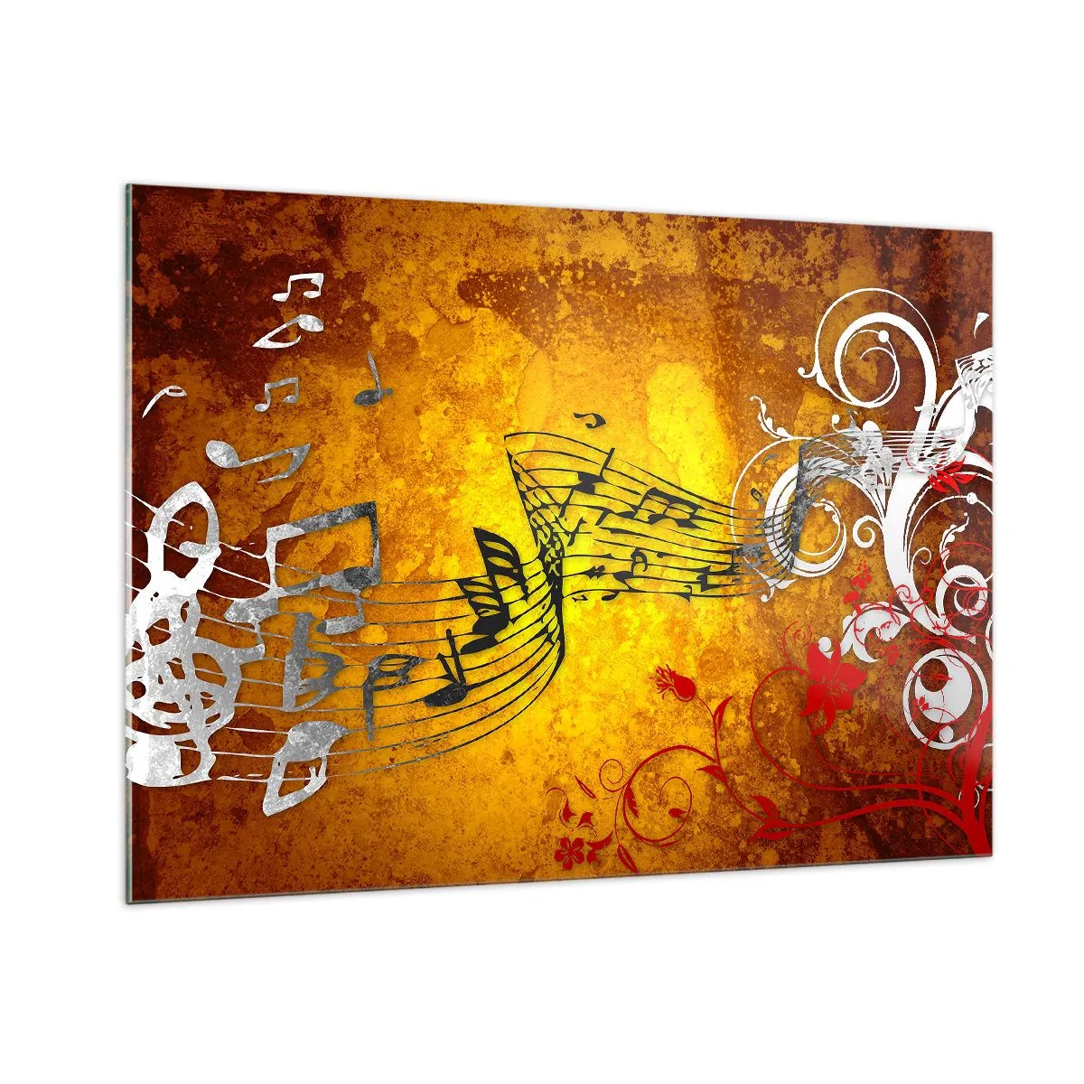 Quadro su vetro - Motivi musicali su uno sfondo di ornamenti dorati - 100x70cm - Che la musica scorra - Decorazione murale moderna per soggiorno e camera da letto ARTTOR