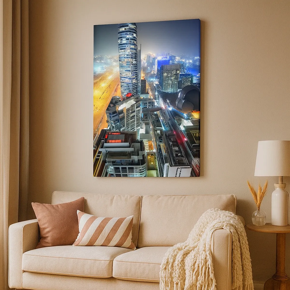 Quadro su tela - Stampe su Tela - Panorama della città notturna con grattacieli illuminati - 50x70cm - Miracolo nel deserto - Decorazione murale moderna per soggiorno e camera da letto ARTTOR