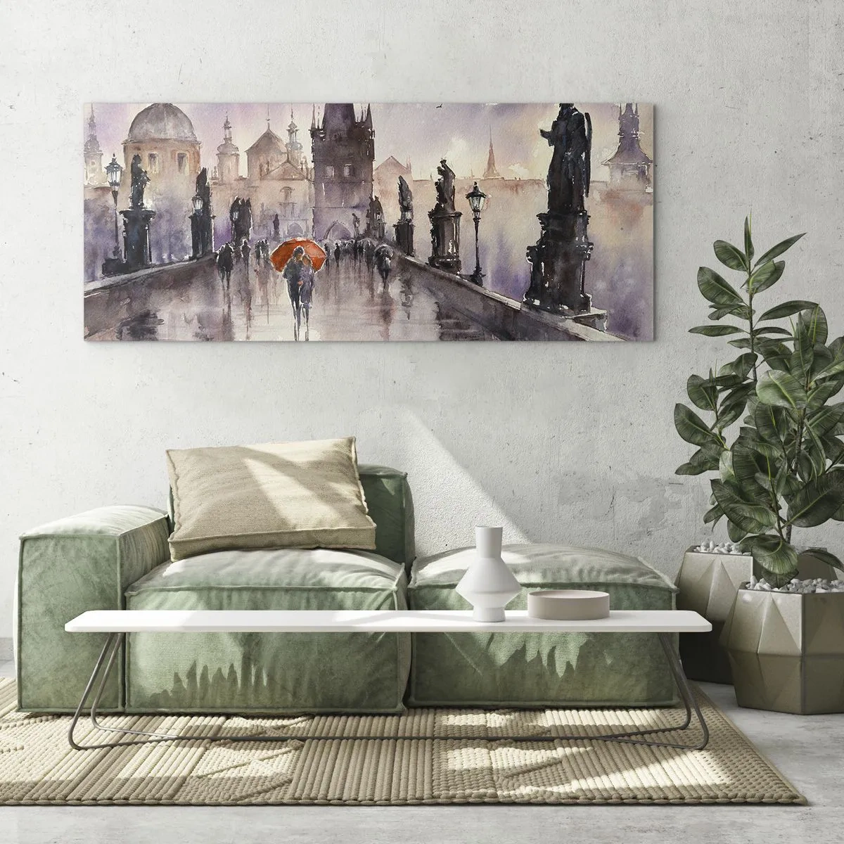 Quadro su vetro - Vista romantica di un ponte con un ombrello sullo sfondo di una città serale - 140x50cm - Le persone non cambiano - Decorazione murale moderna per soggiorno e camera da letto ARTTOR